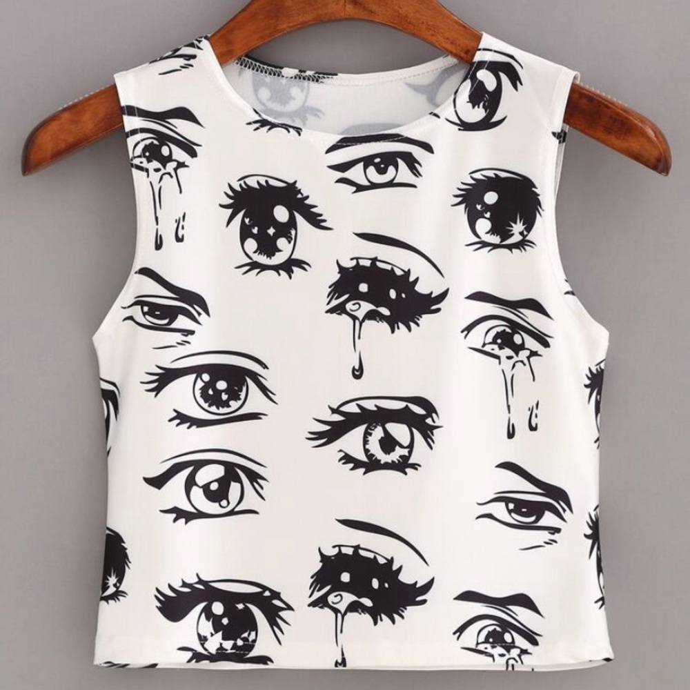 Anime Eyes Stretchy Crop Tank Top Small